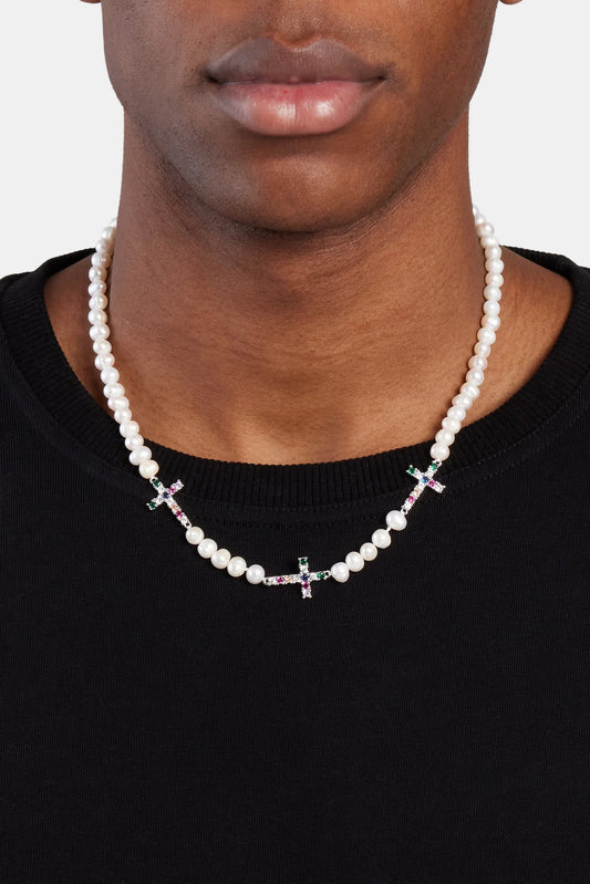 Iced Cross Pearl Necklace